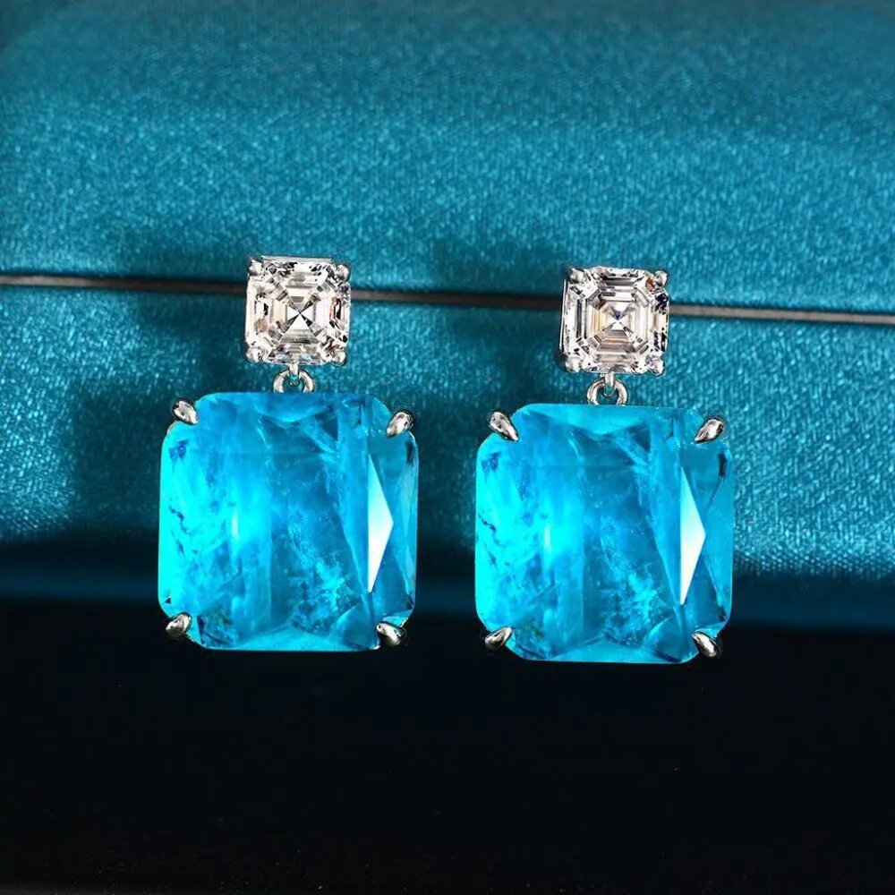 925 Silver Paraiba Tourmaline Gemstone Drop Earrings - Picture 3 of 5